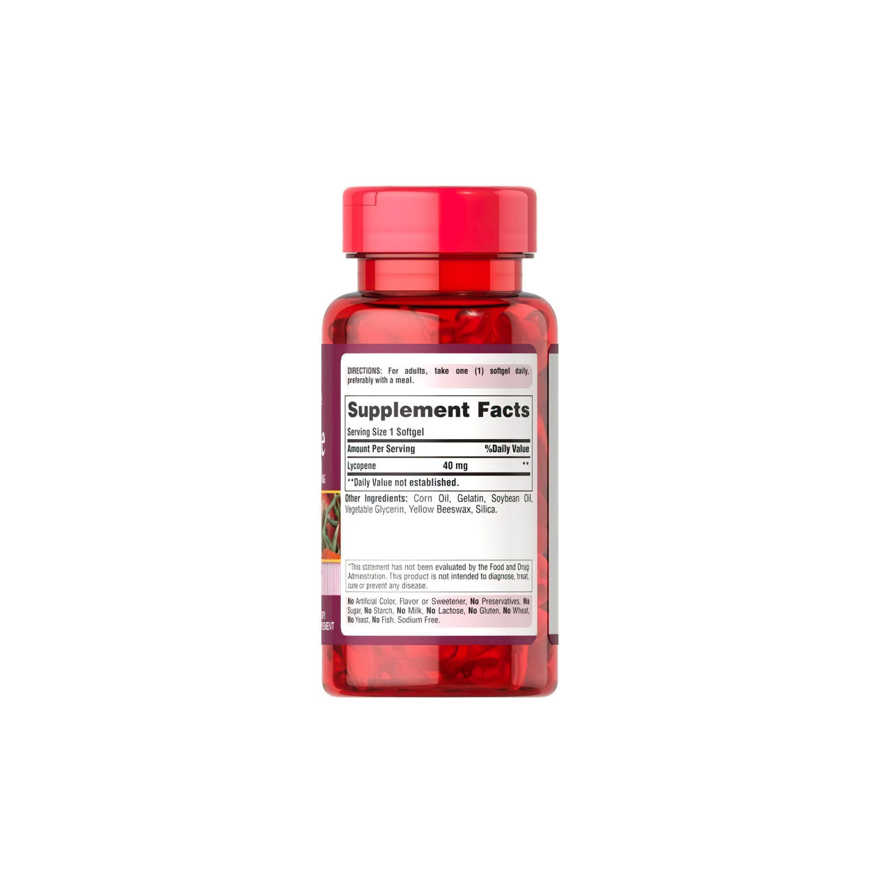 Un flacon de Lycopene 40 mg 60 Rapid Release Softgels par Puritan's Pride sur fond blanc.