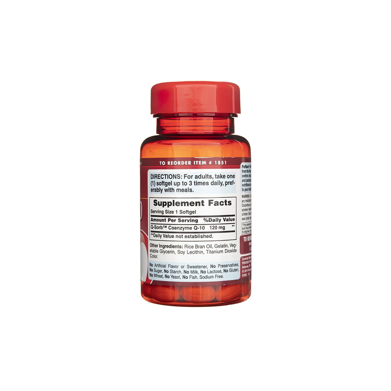 Une bouteille de Puritan's Pride Coenzyme Q10 - 120 mg 60 softgels à libération rapide sur fond blanc.