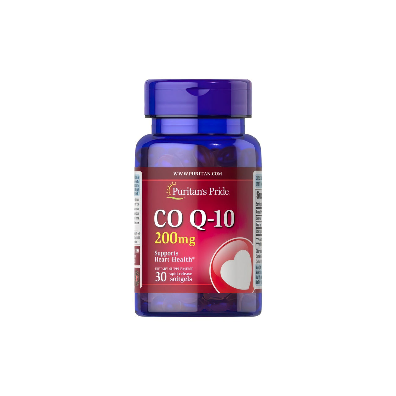 Une bouteille de Q-SORB™ Co Q-10 200 mg 30 softgels à libération rapide de Puritan's Pride avec un fond blanc bourré d'antioxydants pour stimuler les niveaux d'énergie et renforcer le système immunitaire.
