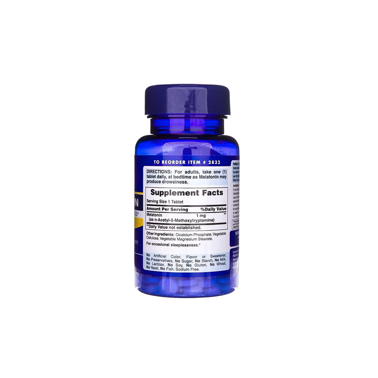 Un flacon de Puritan's Pride Melatonin 1 mg 90 Comprimés sur fond blanc.