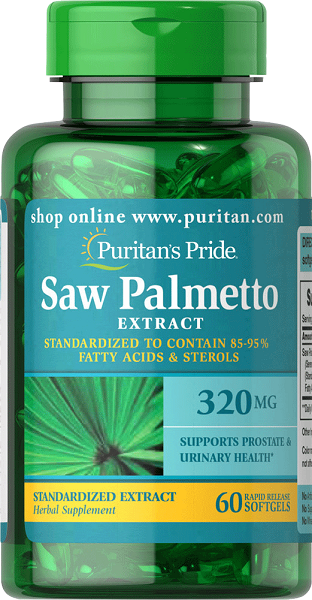 Puritan's Pride Saw Palmetto 320 mg 60 gélules à libération rapide favorise la santé de la prostate et soutient le flux des voies urinaires.