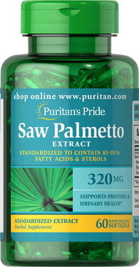 Vignette pour Puritan's Pride Saw Palmetto 320 mg 60 Rapid Release Softgels favorise la santé de la prostate et soutient l'écoulement des voies urinaires.