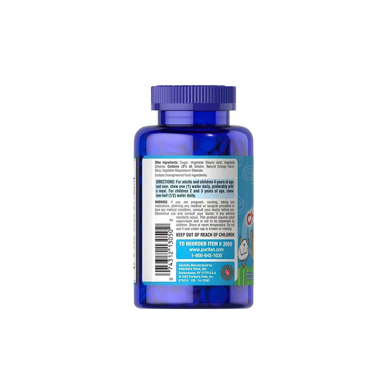 Le dos d'un flacon bleu de PRE- Vites Multivitamine pour enfants 100 gaufrettes à mâcher, contenant des vitamines essentielles provenant de Puritan's Pride.