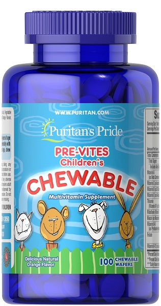 Une bouteille de Pre- Vites multivitamines pour enfants 100 gaufrettes à mâcher, remplies de vitamines essentielles, Puritan's Pride.