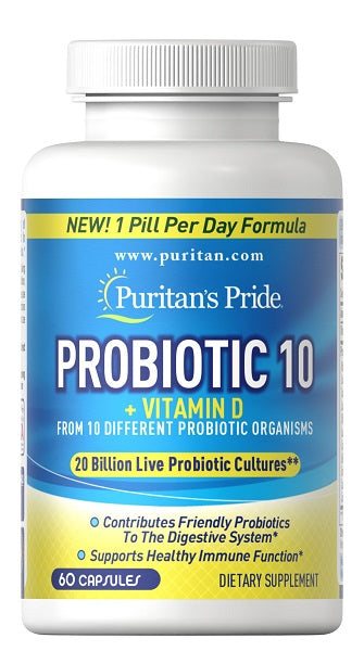 Puritan's Pride Probiotique 10 plus Vitamine D3 1000 IU 60 gélules avec Soutien Immunitaire.