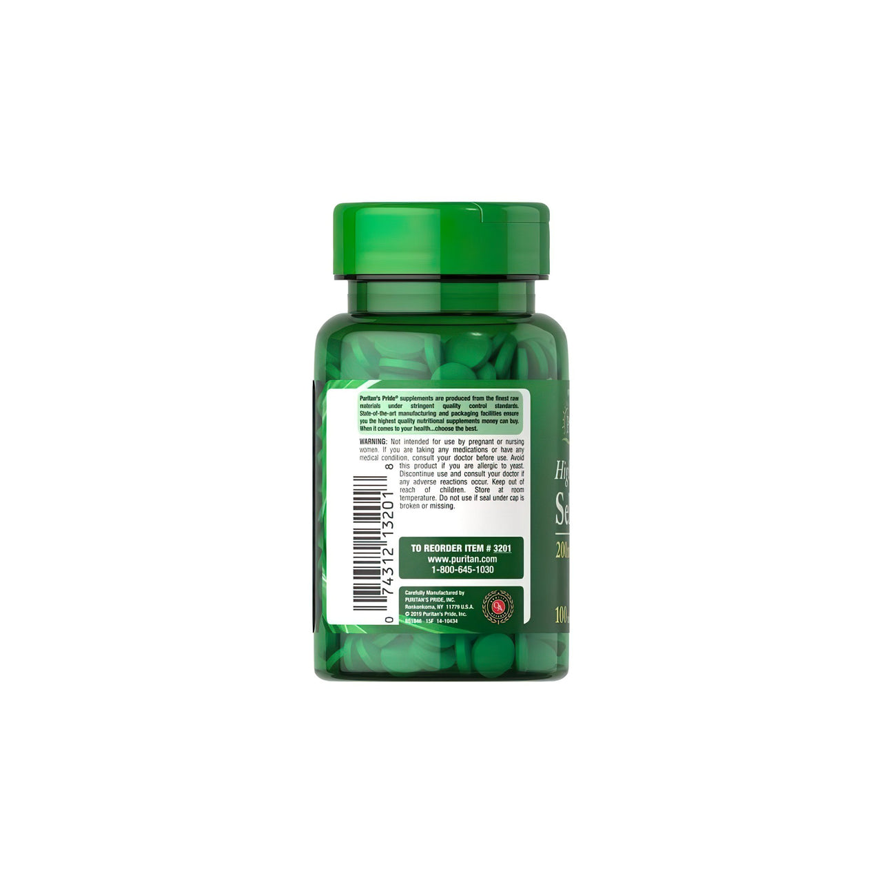 Un flacon de Puritan's Pride Selenium 200 mcg 100 comprimés, un complément alimentaire contenant du thé vert, un antioxydant, sur fond blanc.