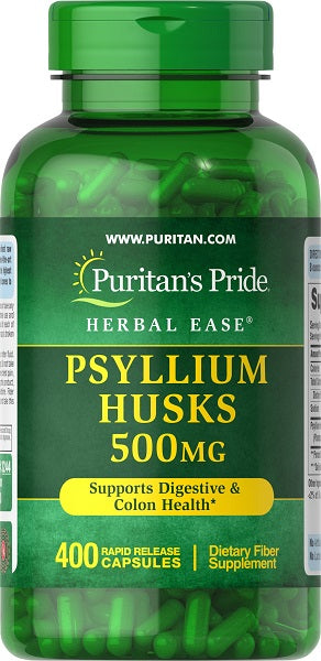 Favorisez la santé digestive avec Puritan's Pride Psyllium Husks 500 mg 400 Rapid Release Capsules, une source de fibres solubles pour une santé optimale du côlon.