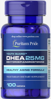 Vignette d'un flacon de Puritan's Pride DHEA - 25 mg 100 comprimés.