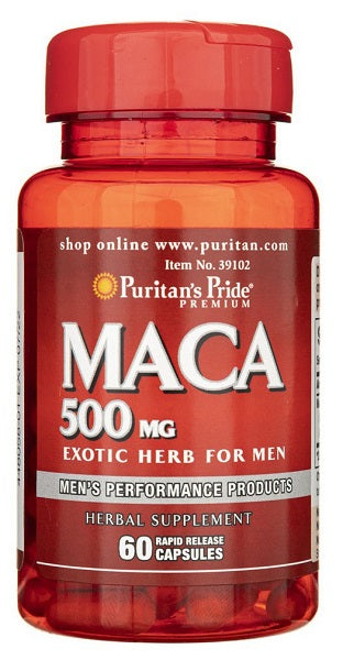 Une bouteille de Puritan's Pride Maca 500 mg 60 gélules à libération rapide pour hommes.