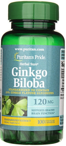 Un flacon d'Extrait de Ginkgo Biloba 24% 120 mg 100 gélules de Puritan's Pride.
