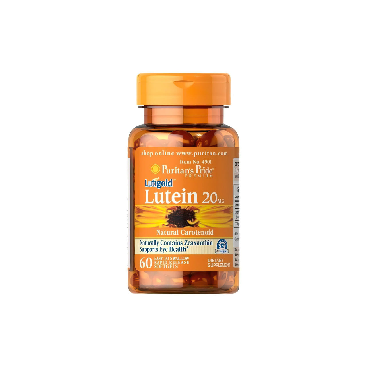 Un flacon de Puritan's Pride Lutein 20 mg with Zeaxanthin 60 Softgel sur fond blanc.