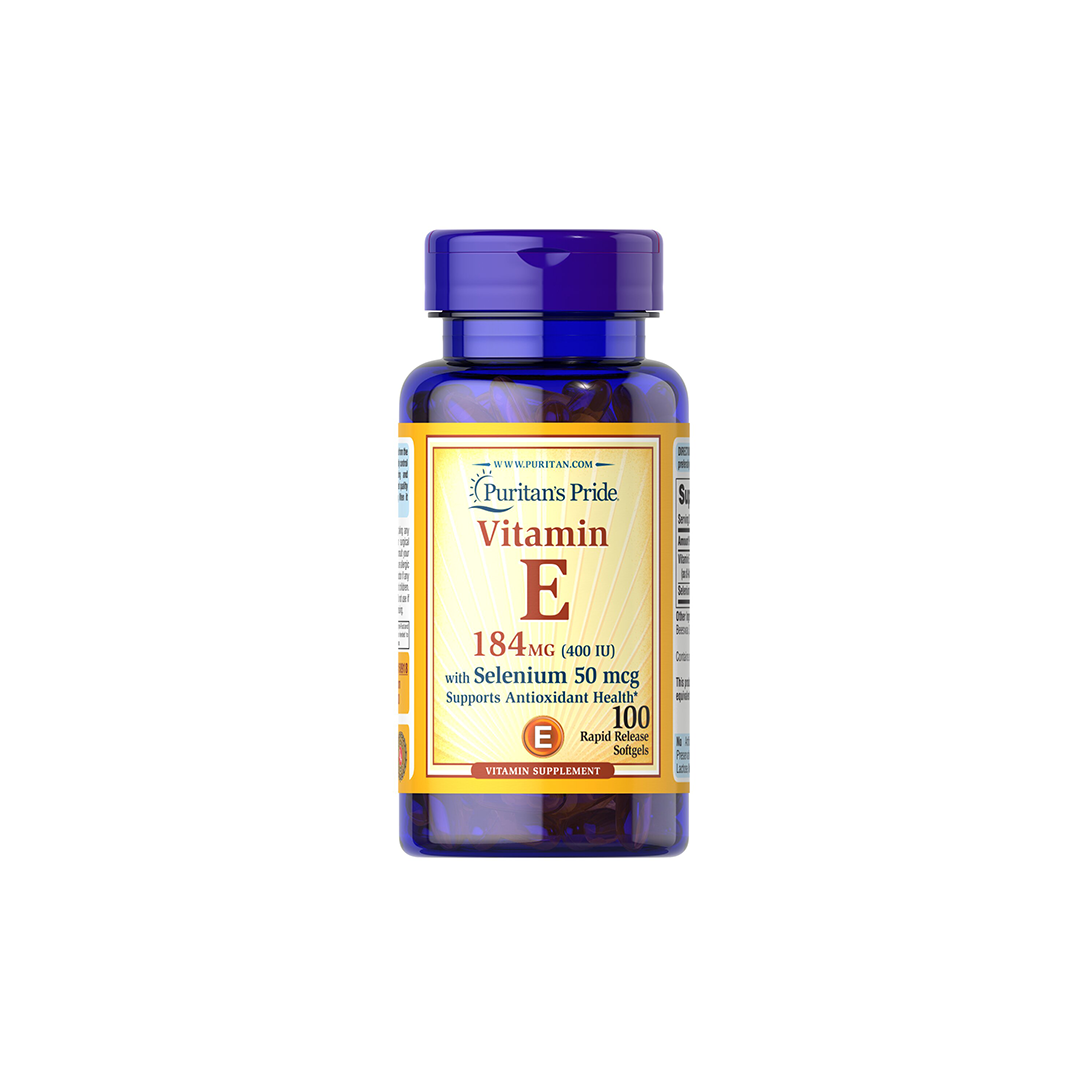 The Puritan's Pride Vitamin E 400 IU & Selenium 50 mcg, available in a blue bottle of 100 rapid release softgels, is expertly labeled for antioxidant support to enhance your daily health regimen.