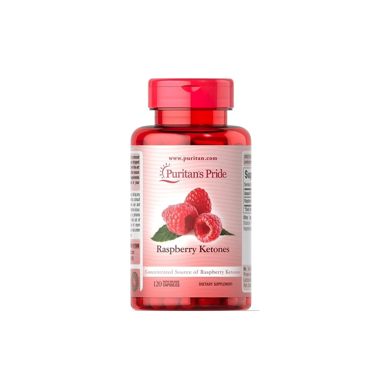 Un flacon de Raspberry Ketones 100 mg 120 capsules Rapid Realase riches en antioxydants de la marque Puritan's Pride.