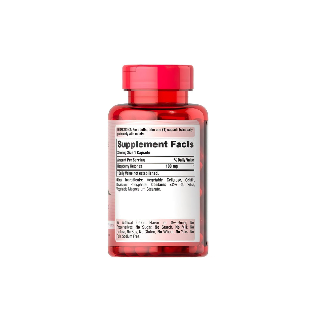 Une bouteille de Puritan's Pride Raspberry Ketones 100 mg 120 capsules Rapid Realase sur un fond blanc.