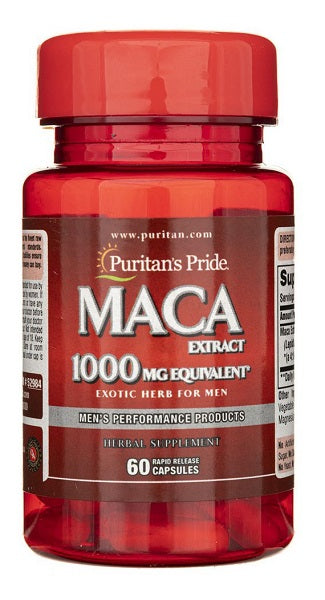 Une bouteille de Puritan's Pride Maca 1000 mg 60 gélules à libération rapide.