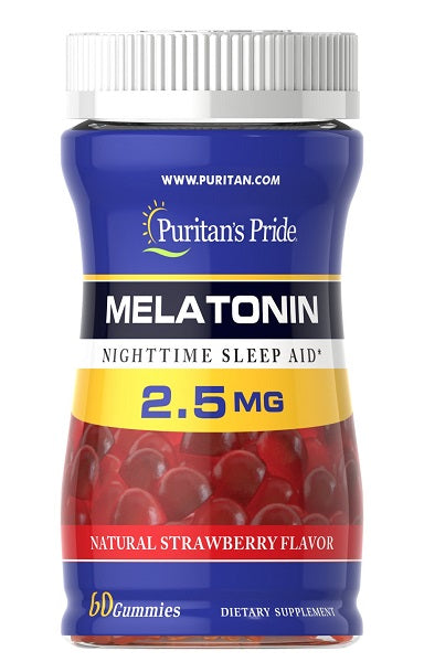 Puritan's Pride Mélatonine 2,5 mg 60 gommes arôme fraise aide au sommeil nocturne.
