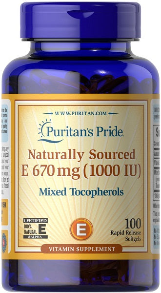Puritan's Pride Vitamine E 1000 UI Tocophérols mélangés 100 softgels à libération rapide fournit un soutien antioxydant pour la santé cardiovasculaire.