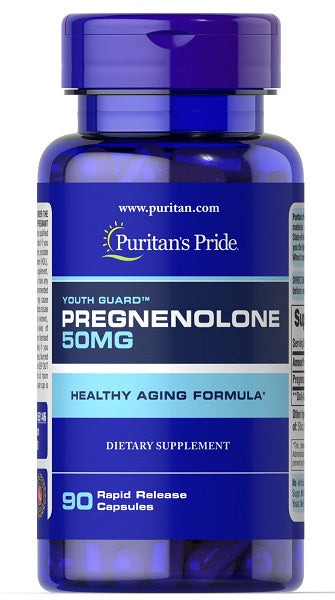 Un flacon de Puritan's Pride prégnénolone 50 mg 90 gélules à libération rapide conçu pour un régime de vieillissement sain.