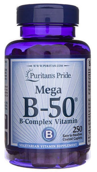 Thumbnail for Puritan's Pride Vitamin B-50 Complex 250 Coated Caplets supports cardiovascular and mental health.