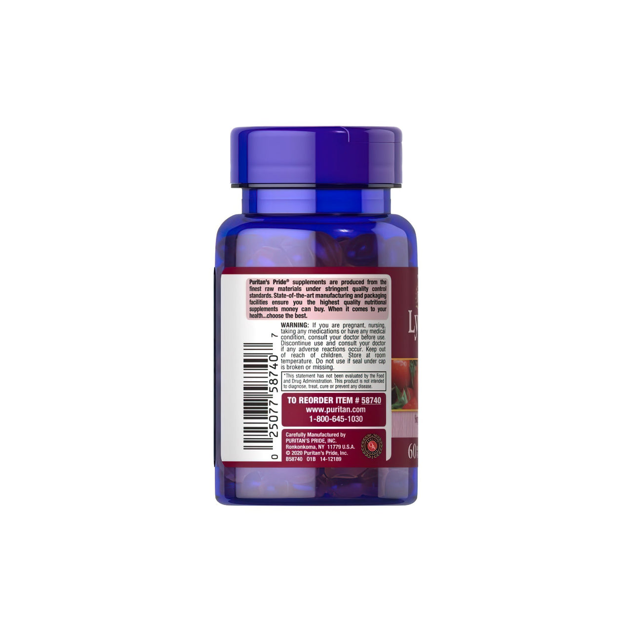 Un flacon de Lycopène 20 mg 60 Rapid Release Softgels par Puritan's Pride sur fond blanc.