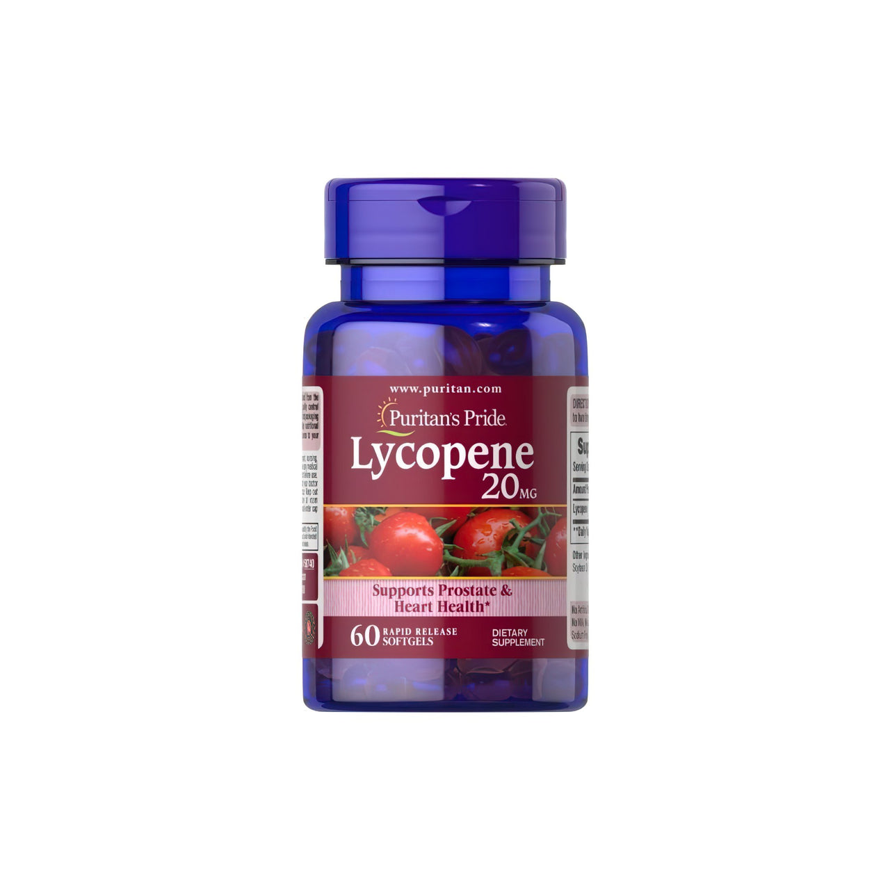 Un flacon de Lycopène 20 mg 60 Softgels à libération rapide avec des tomates de Puritan's Pride.