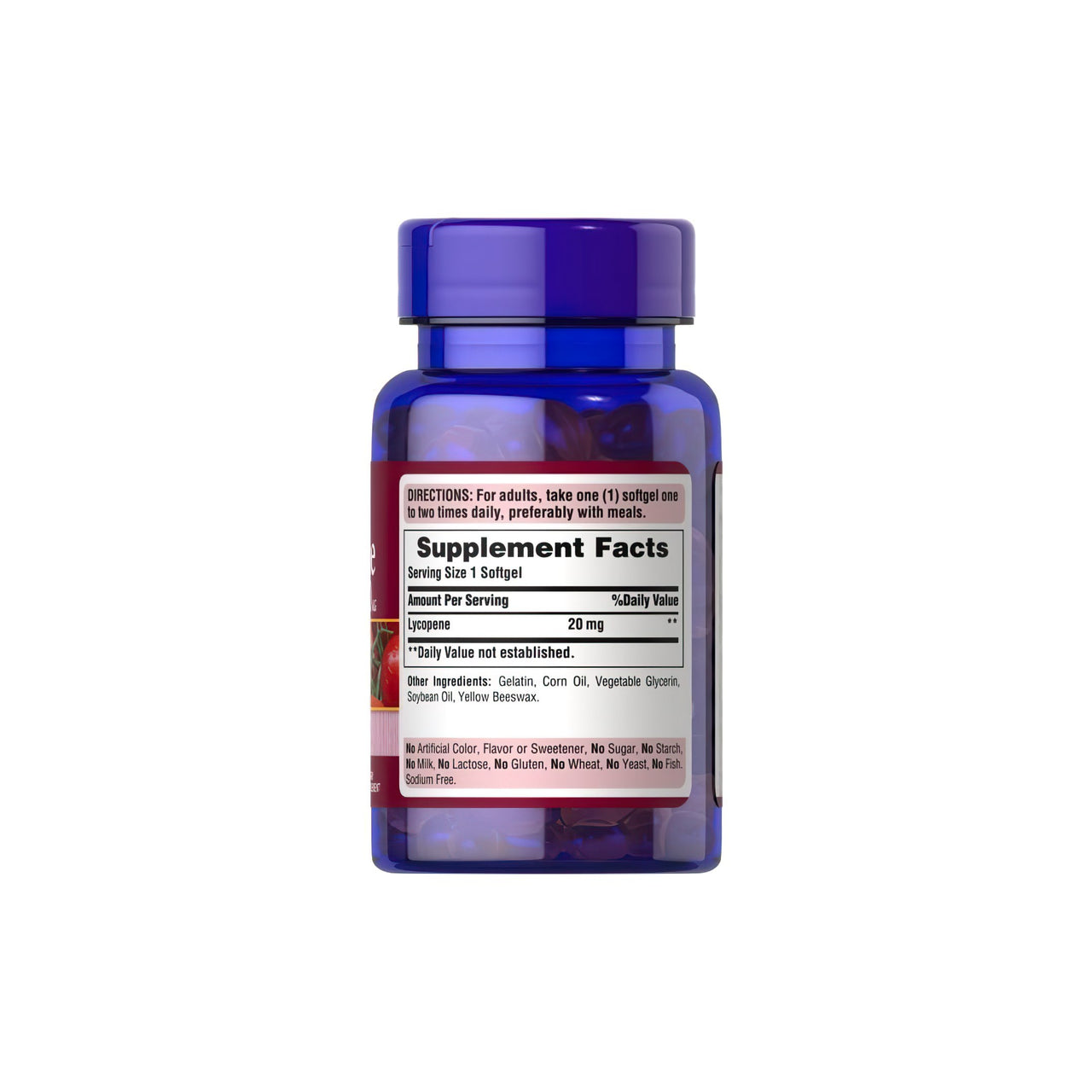 Un flacon de Lycopène 20 mg 60 Rapid Release Softgels par Puritan's Pride sur fond blanc.