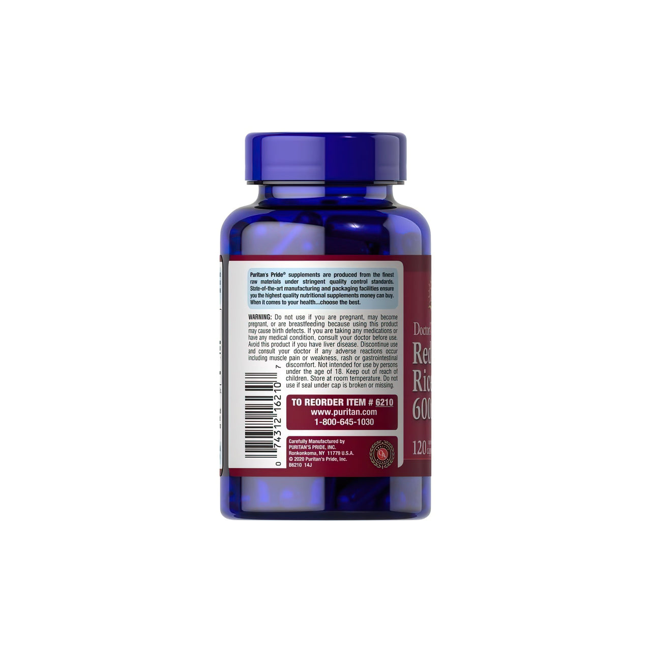 Le dos d'une bouteille de Puritan's Pride Red Yeast Rice 600 mg 120 gélules favorise la santé cardiovasculaire et un taux de cholestérol sain grâce à la levure de riz rouge.