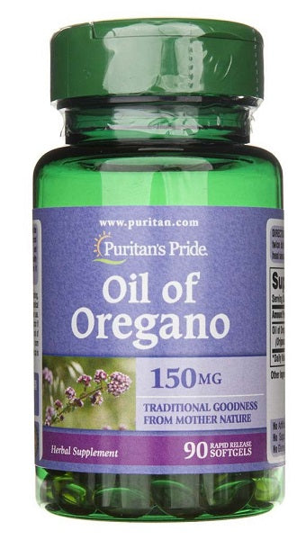 Un flacon de Puritan's Pride Huile d'origan 150 mg 90 capsules molles à libération rapide pour renforcer l'immunité.