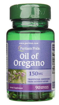 Vignette d'une bouteille d'huile d'origan Puritan's Pride 150 mg 90 capsules molles à libération rapide pour renforcer l'immunité.
