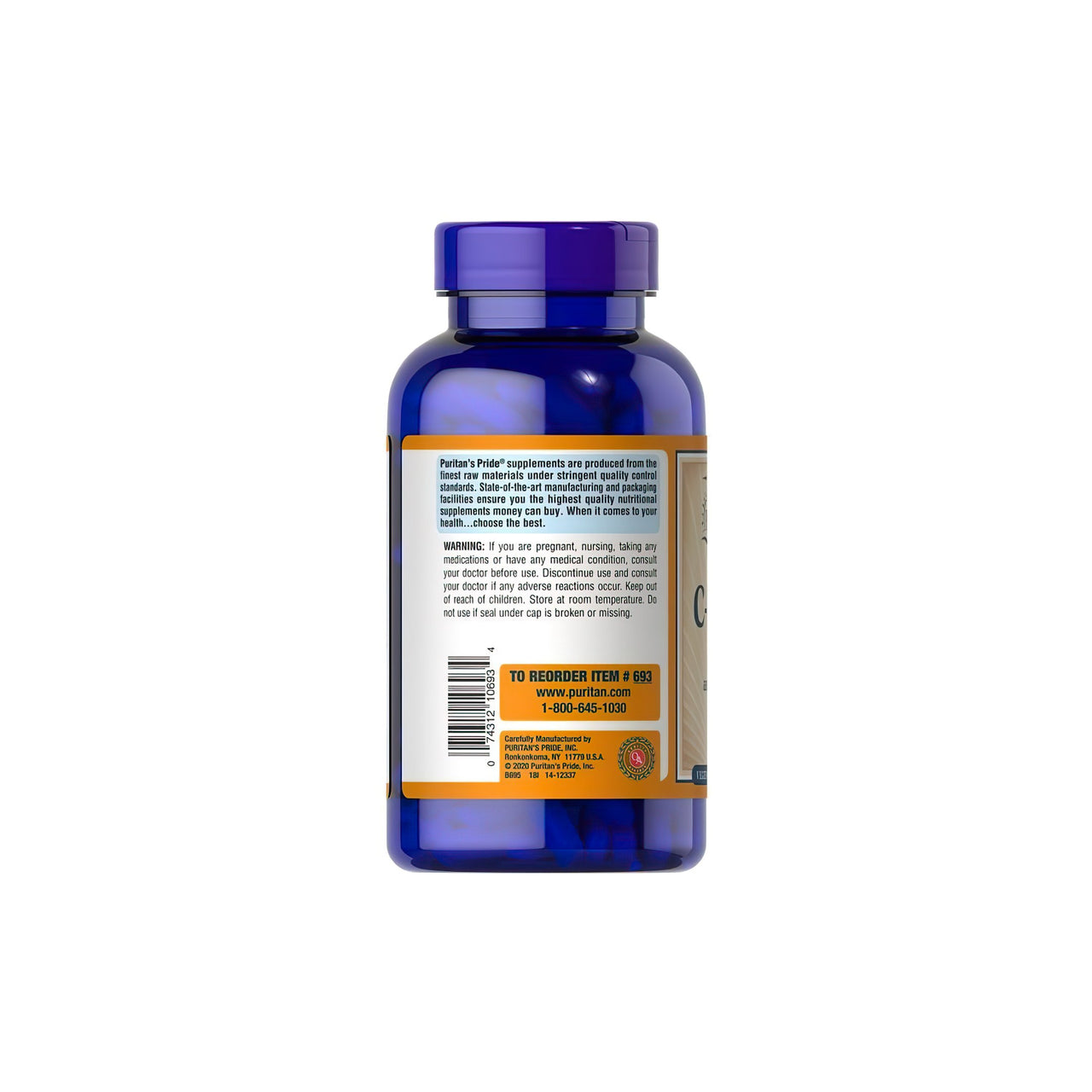 Une bouteille de Puritan's Pride Vitamin C-1000 mg with Bioflavonoids & Rose Hips 250 Caplets sur un fond blanc.