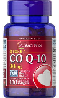 La vignette de Puritan's Pride propose Q-SORB™ Co Q-10 30 mg 100 softgels à libération rapide, un complément qui soutient l'endurance et les niveaux d'énergie.