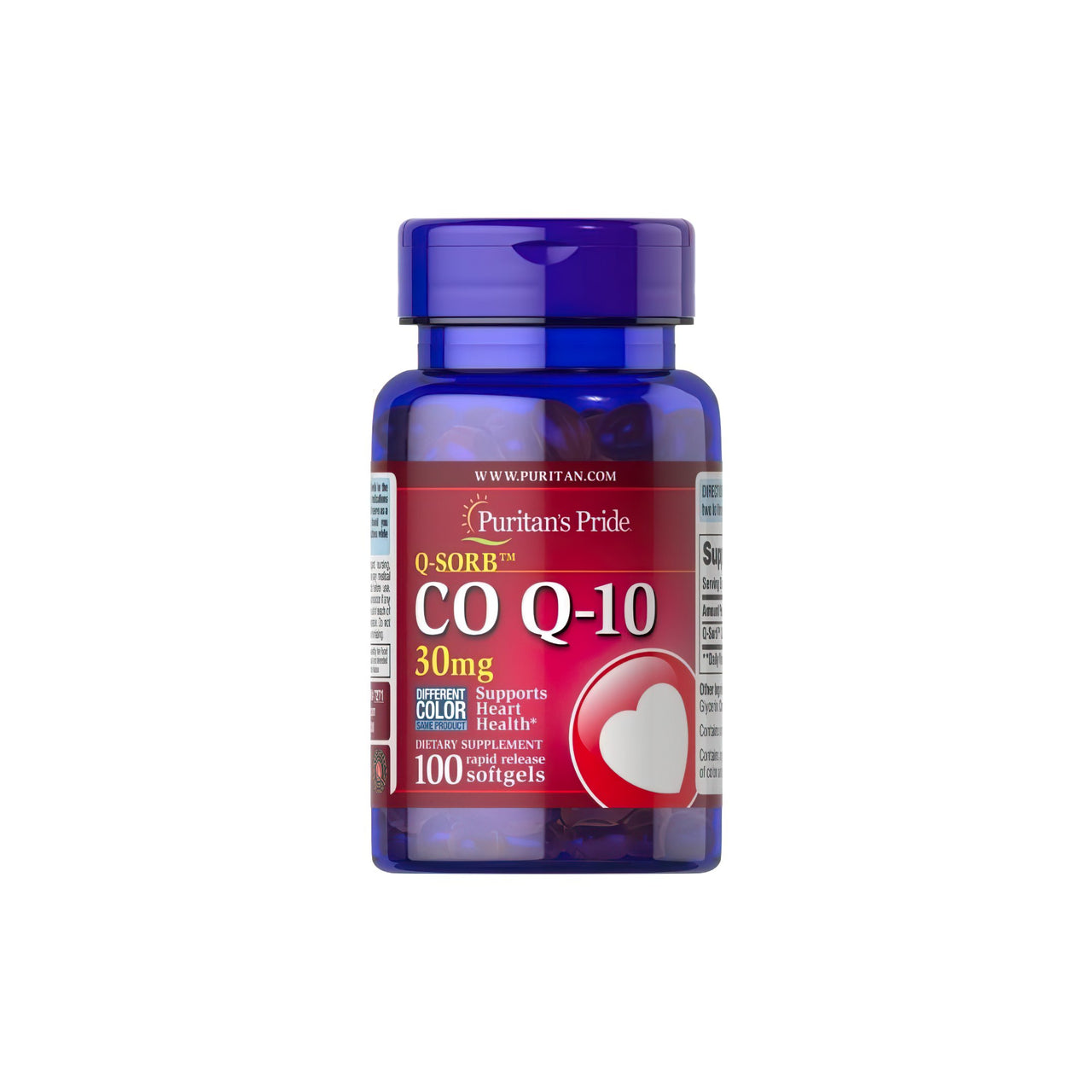 Une bouteille de Puritan's Pride Q-SORB™ Co Q-10 30 mg 100 softgels à libération rapide avec un cœur dessus, connu pour stimuler l'endurance et les niveaux d'énergie.