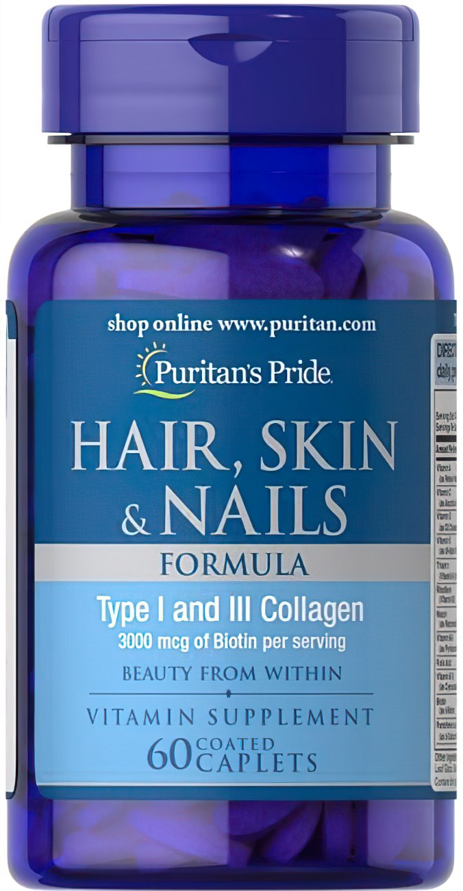 Un flacon de Puritan's Pride Hair, Skin and Nails 60 Coated Caplets.