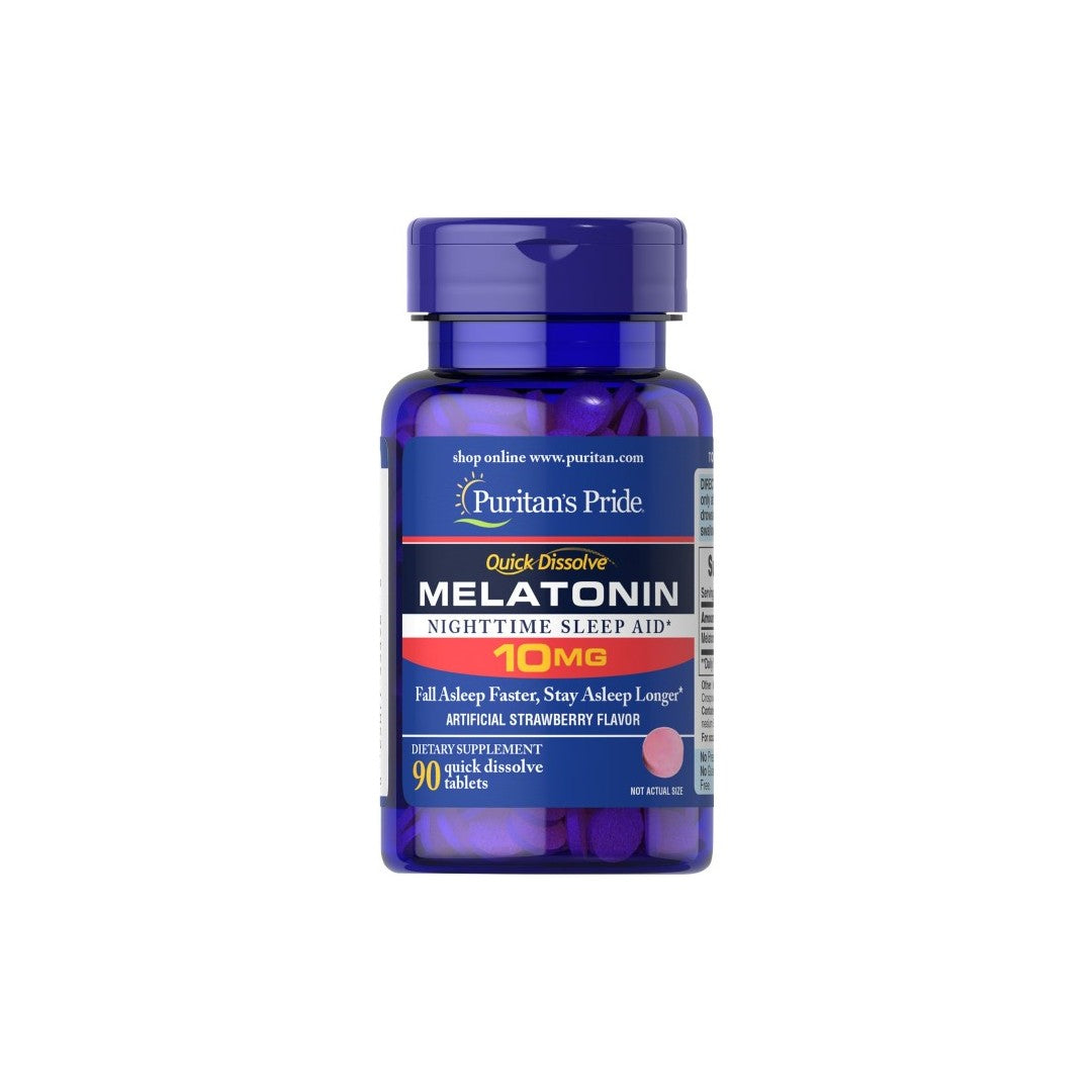 A bottle of Puritan's Pride Melatonin 10 mg 90 Quick Dissolve Tablets Strawberry Flavor supplement, designed to enhance sleep quality.