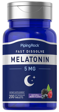 Vignette d'un flacon de PipingRock Melatonin 5 mg 200 Fast Dissolve Tablets arôme baies.