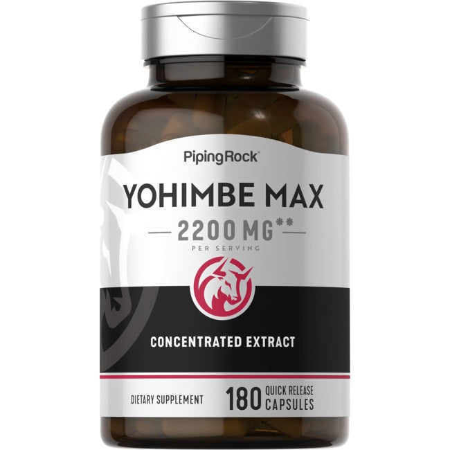 A bottle of PipingRock Yohimbe Max 2200 mg 180 Quick Release Capsules, featuring Yohimbe bark extract, contains 180 quick release capsules with a concentration of 2200 mg per serving, designed to support your sexual health and well-being.