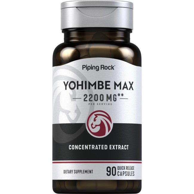 A bottle of PipingRock Yohimbe max 2200 mg 90 Quick Release Capsules dietary supplement, featuring 90 quick-release capsules with 2200 mg per serving of concentrated Yohimbe bark extract for sexual health support.