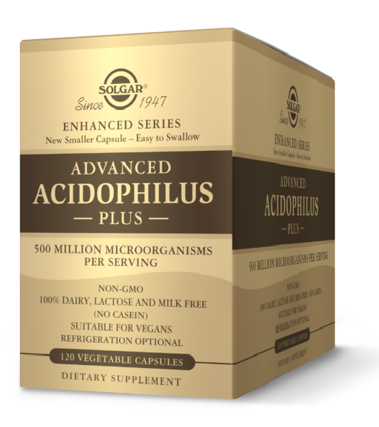 Une boîte de Solgar Advanced Acidophilus Plus 120 gélules végétales.