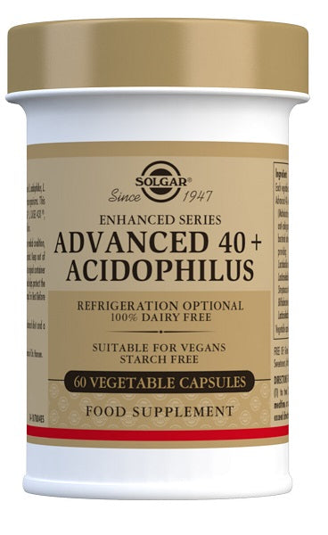 Un pot de Solgar's Advanced 40+ Acidophilus 60 gélules végétales.
