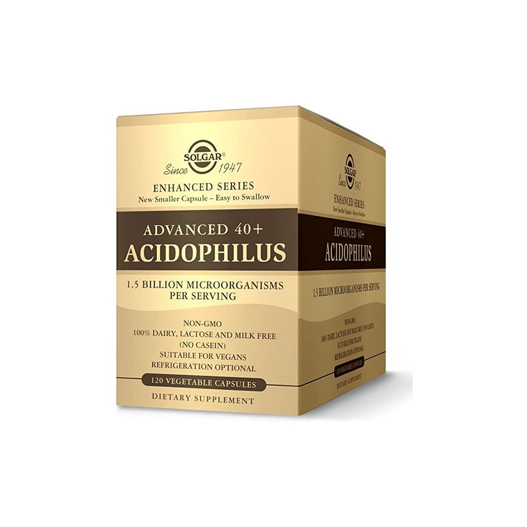 Une boîte de Solgar Advanced 40+ Acidophilus 120 gélules végétales.