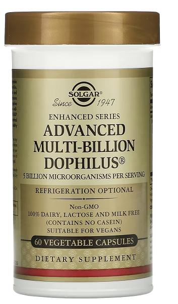 Un pot de Solgar's Advanced Multi-Billion Dophilus 60 gélules végétales.