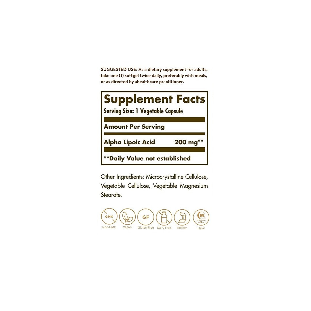 Une étiquette montrant les ingrédients de Solgar Alpha Lipoic Acid 200 mg 50 Vegetable Capsules.