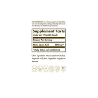 Vignette d'une étiquette montrant les ingrédients du supplément Solgar Alpha Lipoic Acid 200 mg 50 Vegetable Capsules.