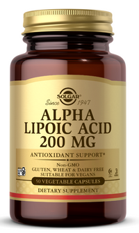 Vignette pour Solgar Alpha Lipoic Acid 200 mg 50 gélules végétales.
