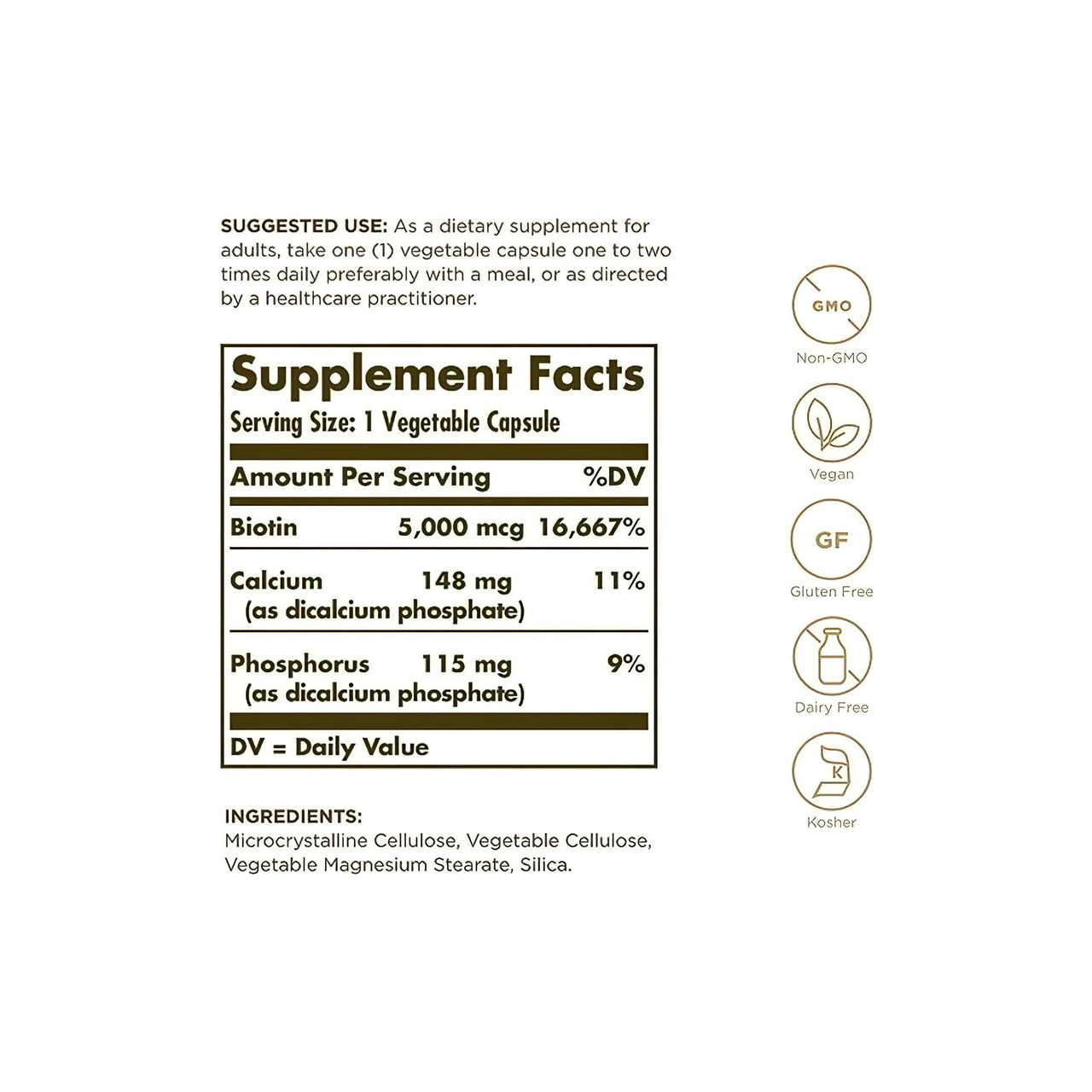 Biotine 5000 mcg 100 capsules végétales - supplement facts
