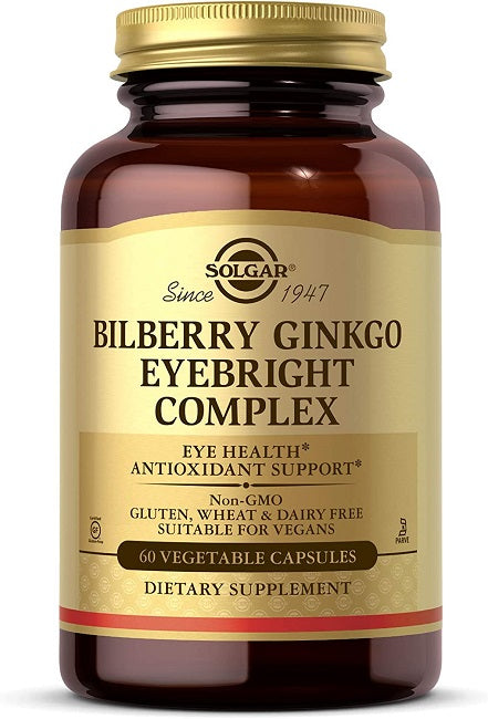 Un flacon de complément alimentaire contenant 60 gélules végétales de Bilberry Ginkgo Eyebright Complex Plus Lutein de Solgar.