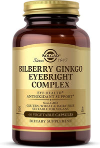 Vignette d'un flacon de complément alimentaire contenant 60 gélules végétales de Bilberry Ginkgo Eyebright Complex Plus Lutein de Solgar.