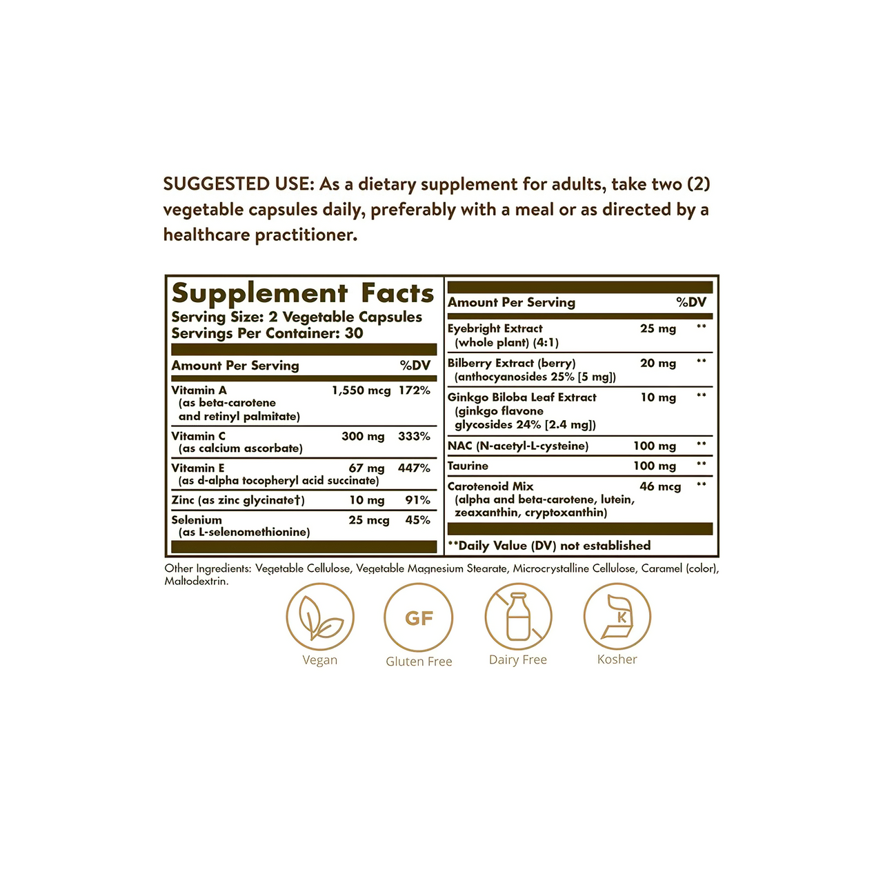 Étiquette présentant les ingrédients du complément alimentaire de Solgar, Bilberry Ginkgo Eyebright Complex Plus Lutein, en 60 gélules végétales.
