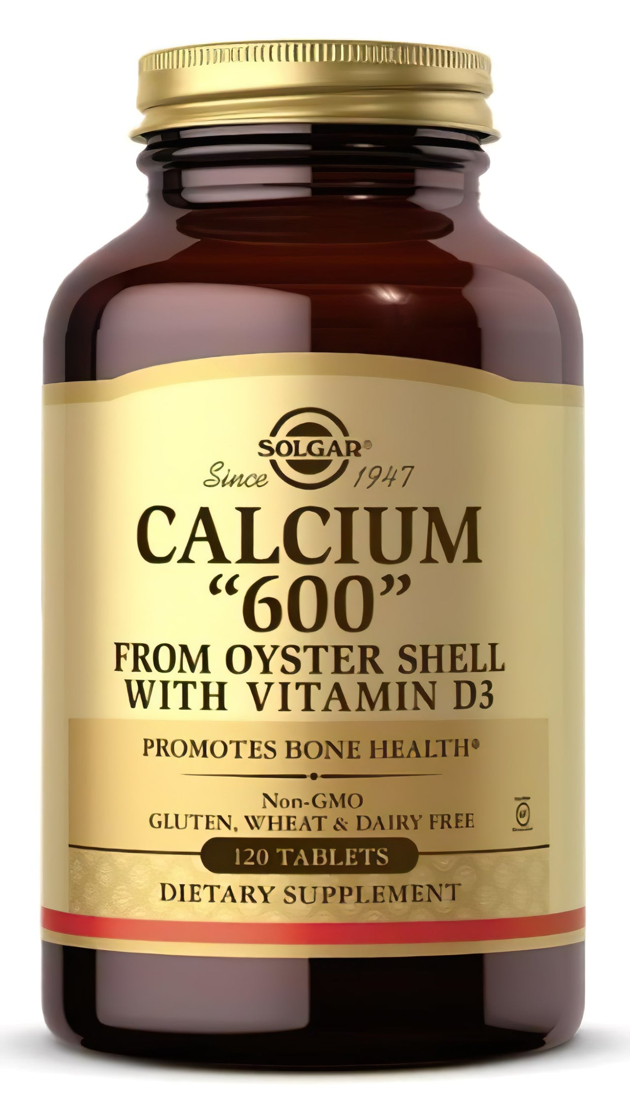 Un flacon de Solgar's Calcium "600" 120 comprimés (à base de coquille d'huître avec vitamine D3) à base de coquille d'huître.