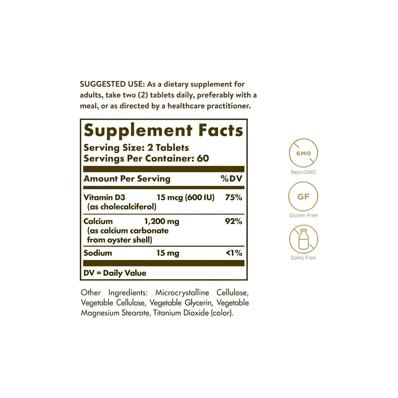 Une étiquette pour Solgar Calcium "600" 120 comprimés (à base de coquille d'huître avec vitamine D3) complément avec une liste d'ingrédients.